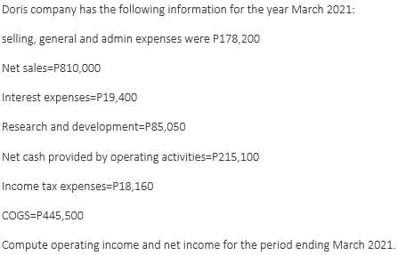 Doris company has the following information for the year March 2021:
selling, general and admin expenses were P178,200
Net sales=P810,000
Interest expenses=P19,400
Research and development=P85,050
Net cash provided by operating activities=P215,100
Income tax expenses=P18,160
COGS=P445,500
Compute operating income and net income for the period ending March 2021.
