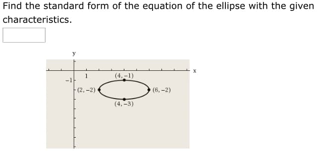 Find the standard form of the equation of the ellipse with the given
characteristics.
У
(4,-1)
F (2, -2)
(6,-2)
(4, –3)
