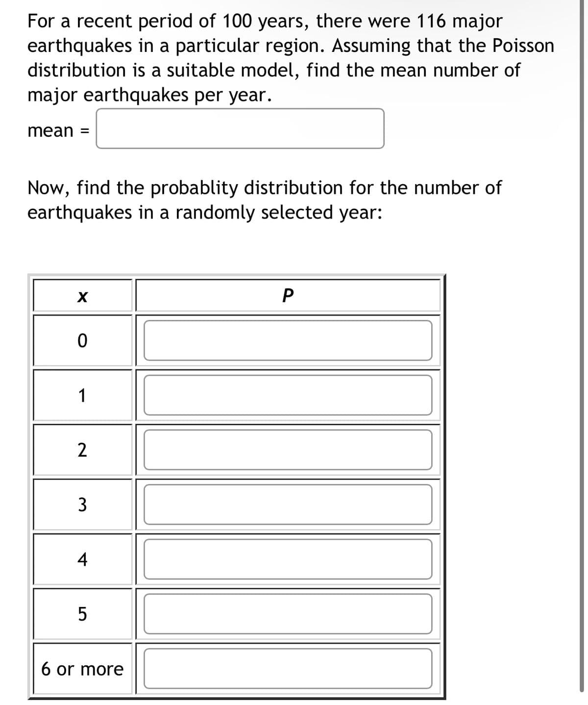 For a recent period of 100 years, there were 116 major
earthquakes in a particular region. Assuming that the Poisson
distribution is a suitable model, find the mean number of
major earthquakes per year.
mean =
Now, find the probablity distribution for the number of
earthquakes in a randomly selected year:
X
0
1
2
3
4
5
6 or more
P