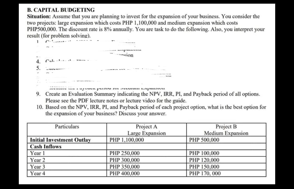 B. CAPITAL BUDGETING
Situation: Assume that you are planning to invest for the expansion of your business. You consider the
two projects: large expansion which costs PHP 1,100,000 and medium expansion which costs
PHP500,000. The discount rate is 8% annually. You are task to do the following. Also, you interpret your
result (for problem solving).
-nsion
4. Cal. --1 a.
5.
9. Create an Evaluation Summary indicating the NPV, IRR, PI, and Payback period of all options.
Please see the PDF lecture notes or lecture video for the guide.
10. Based on the NPV, IRR, PI, and Payback period of each project option, what is the best option for
the expansion of your business? Discuss your answer.
Project A
Large Expansion
Project B
Medium Expansion
Particulars
Initial Investment Outlay
PHP 1,100,000
PHP 500,000
Cash Inflows
PHP 100,000
PHP 120,000
PHP 150,000
Year 1
PHP 250,000
PHP 300,000
Year 2
Year 3
PHP 350,000
Year 4
PHP 400,000
PHP 170, 000
