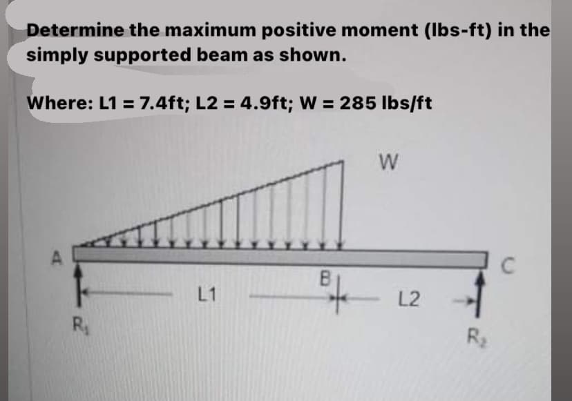 Determine the maximum positive moment (lbs-ft) in the
simply supported beam as shown.
Where: L1 = 7.4ft; L2 = 4.9ft; W = 285 lbs/ft
W
L1 |_________
R₁
L2
P
R₂
C