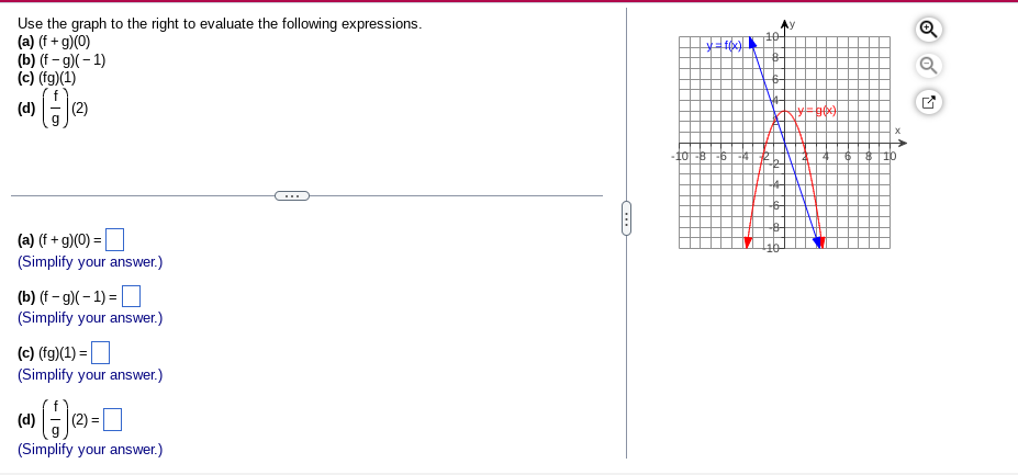Use the graph to the right to evaluate the following expressions.
(a) (f + g)(0)
(b) (f-g)(-1)
(c) (fg)(1)
(d) (2)
ਡੀ
(a) (f + g)(0) =
(Simplify your answer.)
(b) (f-g)(-1)=
(Simplify your answer.)
(c) (fg)(1) =
(Simplify your answer.)
(4) (2²)
(Simplify your answer.)
|(2) =
y =f(x)
-10-8-6-4
10
y
jy=90
6 8
Q
선