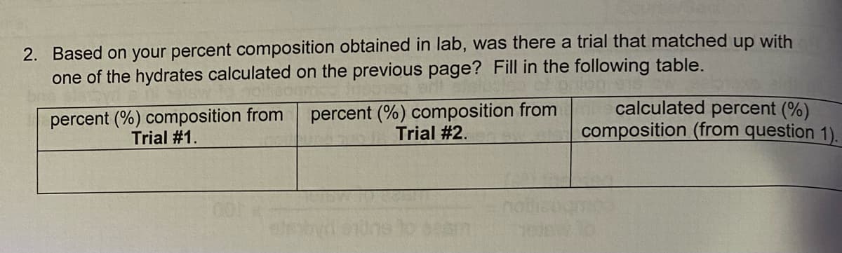 2. Based on your percent composition obtained in lab, was there a trial that matched up with
one of the hydrates calculated on the previous page? Fill in the following table.
percent (%) composition from
Trial #1.
percent (%) composition from
Trial #2.
calculated percent (%)
composition (from question 1).
