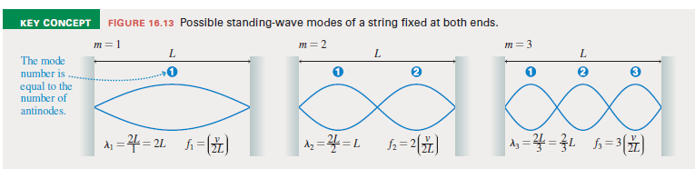 KEY CONCEPT
FIGURE 16.13 Possible standing-wave modes of a string fixed at both ends.
m=1
m=2
m= 3
L
L
The mode
number is
equal to the
number of
antinodes.
d1 = 4 = 21. h=L)
A3 =4 = 3L f= 3(I.)
