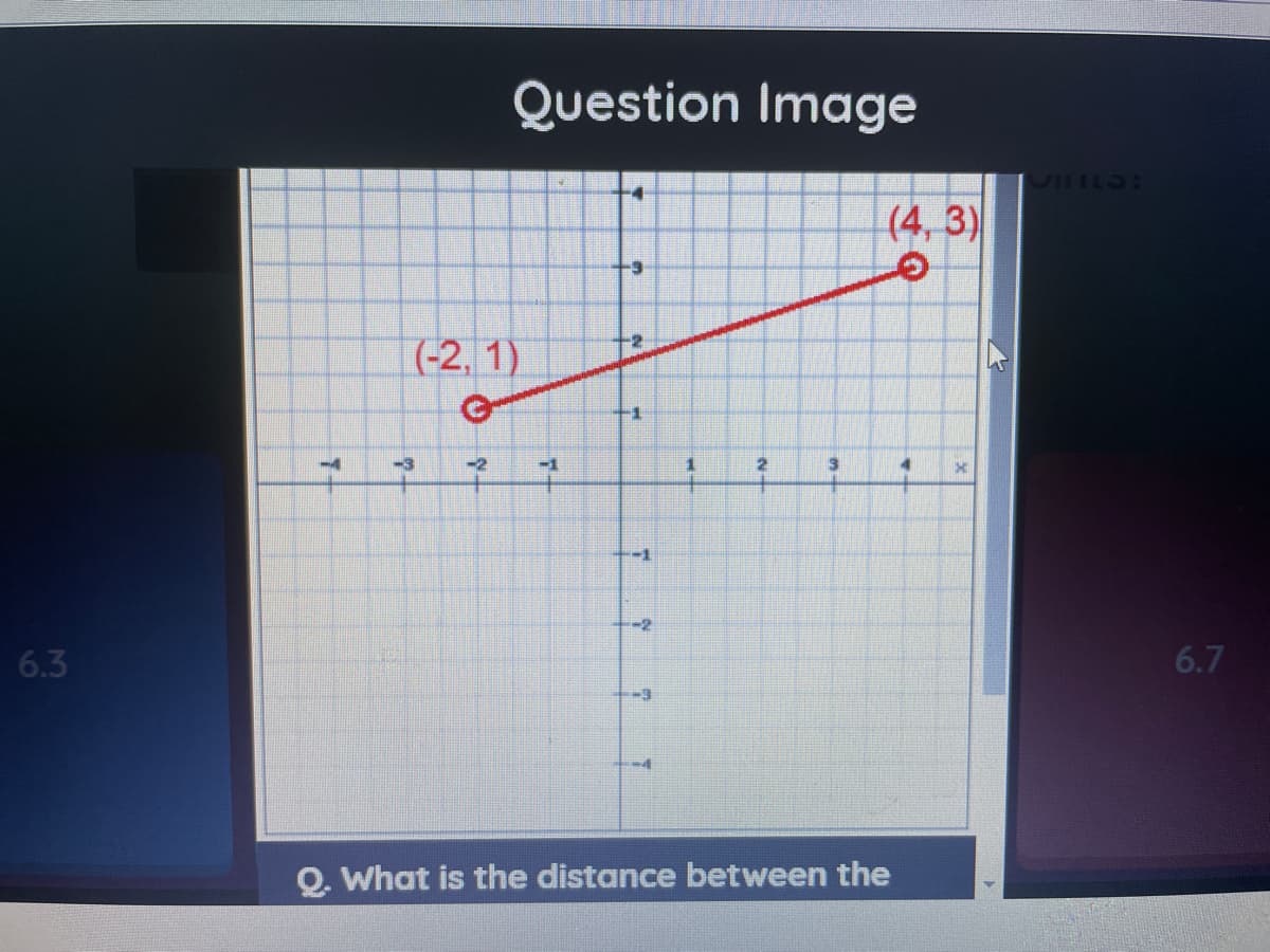 Question Image
(4, 3)
-2
(-2, 1)
-3
-2
-1
-1
-2
6.3
6.7
-9
Q. What is the distance between the
