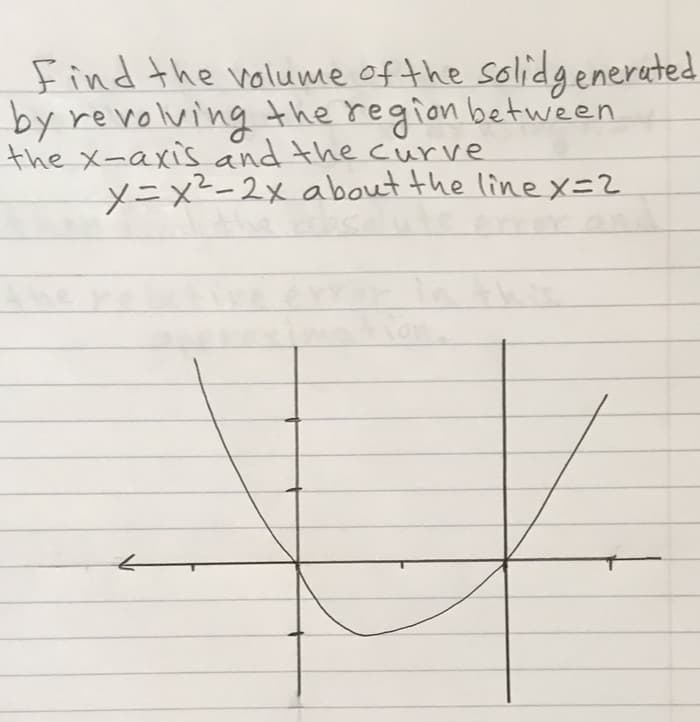 Find the volume of the solidgenerated
by revolving the region bettween
the x-axis and the curve
y=x²-2x about the line x=2
