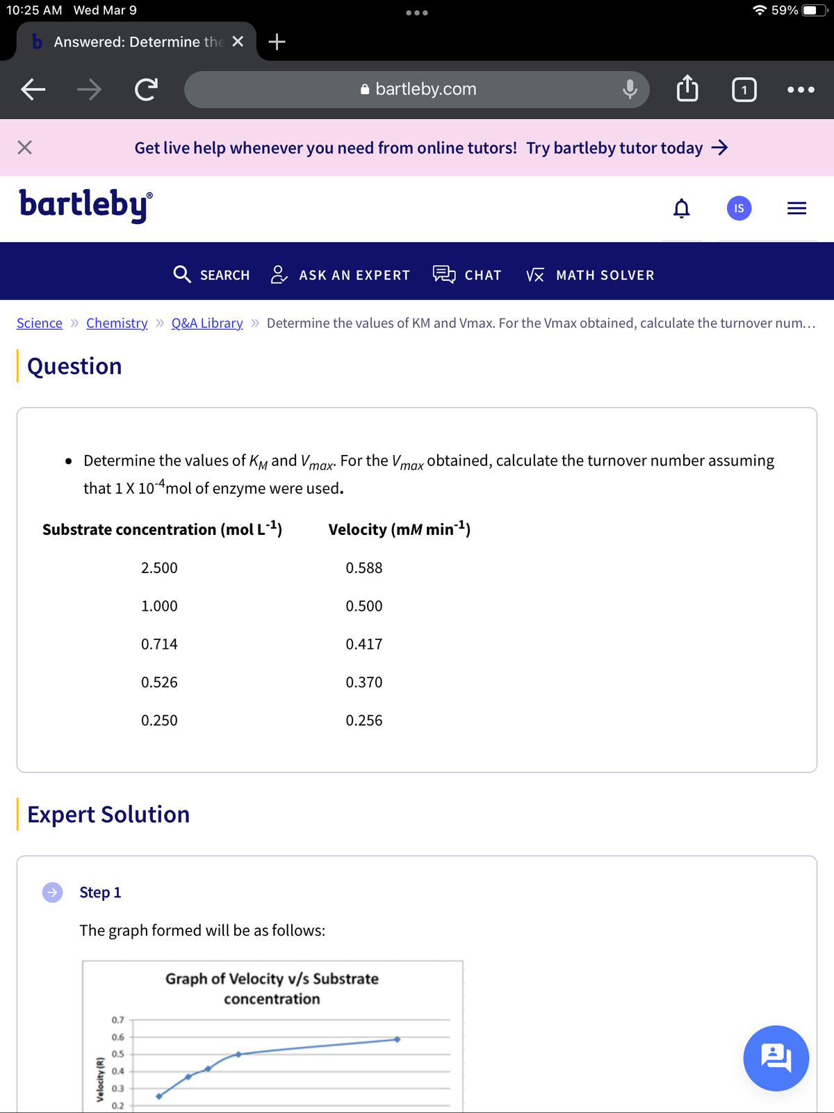 10:25 AM Wed Mar 9
A 59%
b Answered: Determine the X
+
a bartleby.com
Get live help whenever you need from online tutors! Try bartleby tutor today →
bartleby
IS
SEARCH
& ASK AN EXPERT
CHAT
Vx MATH SOLVER
Science » Chemistry » Q&A Library » Determine the values of KM and Vmax. For the Vmax obtained, calculate the turnover num...
Question
• Determine the values of Ky and Vmax. For the V,
obtained, calculate the turnover number assuming
тах*
таx
that 1X 104mol of enzyme were used.
Substrate concentration (mol L²)
Velocity (mM min 1)
2.500
0.588
1.000
0.500
0.714
0.417
0.526
0.370
0.250
0.256
Expert Solution
Step 1
The graph formed will be as follows:
Graph of Velocity v/s Substrate
concentration
0.7
0.6
0.5
0.4
0.3
0.2
Velocity (R)
