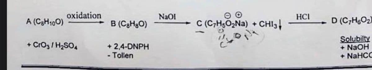A (C₂H100)
oxidation
+ CrO3/H₂SO4
B (CgH₂O)
+ 2,4-DNPH
-
- Tollen
NaOl
C (C7H5O₂Na) + CHI3
HCI
D (C7H6O₂)
Solubilty
+ NaOH
+ NaHCC