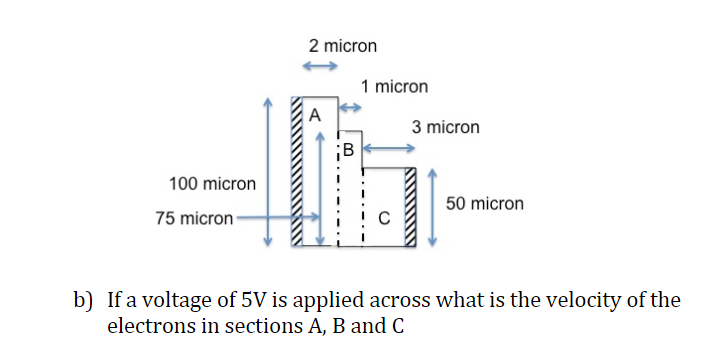 100 micron
75 micron-
2 micron
1 micron
C
3 micron
50 micron
b) If a voltage of 5V is applied across what is the velocity of the
electrons in sections A, B and C