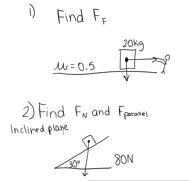 1) Find FF
u=0.5
20kg
30°
FY
2) Find FN and Fparallel
Inclined plane
80N
