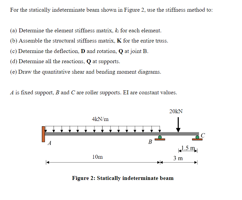For the statically indeterminate beam shown in Figure 2, use the stiffness method to:
(a) Determine the element stiffness matrix, k; for each element.
(b) Assemble the structural stiffness matrix, K for the entire truss.
(c) Determine the deflection, D and rotation, Q at joint B.
(d) Determine all the reactions, Q at supports.
(e) Draw the quantitative shear and bending moment diagrams.
A is fixed support, B and C are roller supports. El are constant values.
20kN
4kN/m
C
A
В
1.5 m
10m
3 m
Figure 2: Statically indeterminate beam
