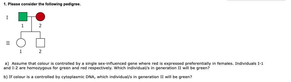 1. Please consider the following pedigree.
I
1
II
2
a) Assume that colour is controlled by a single sex-influenced gene where red is expressed preferentially in females. Individuals I-1
and I-2 are homozygous for green and red respectively. Which individual/s in generation II will be green?
b) If colour is a controlled by cytoplasmic DNA, which individual/s in generation II will be green?

