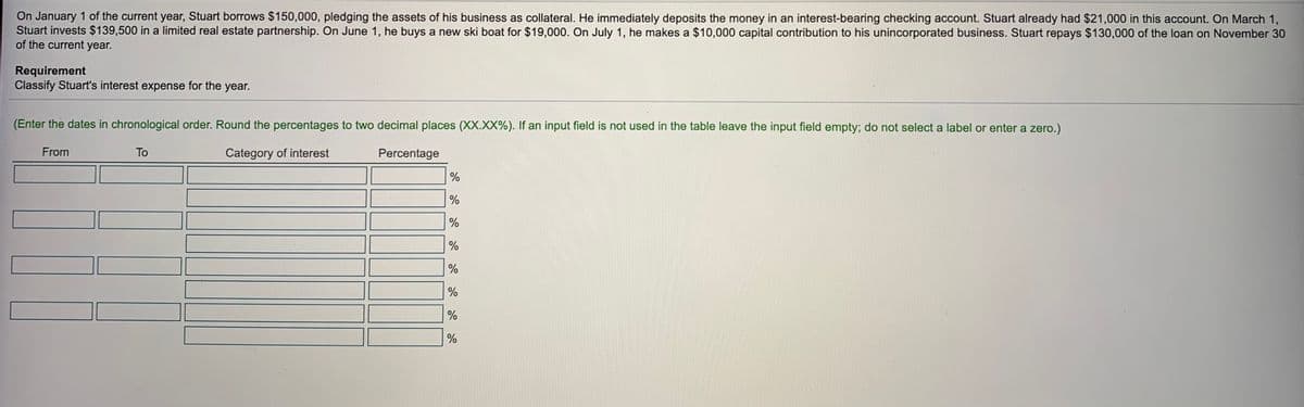 On January 1 of the current year, Stuart borrows $150,000, pledging the assets of his business as collateral. He immediately deposits the money in an interest-bearing checking account. Stuart already had $21,000 in this account. On March 1,
Stuart invests $139,500 in a limited real estate partnership. On June 1, he buys a new ski boat for $19,000. On July 1, he makes a $10,000 capital contribution to his unincorporated business. Stuart repays $130,000 of the loan on November 30
of the current year.
Requirement
Classify Stuart's interest expense for the year.
(Enter the dates in chronological order. Round the percentages to two decimal places (XX.XX%). If an input field is not used in the table leave the input field empty; do not select a label or enter a zero.)
From
To
Category of interest
Percentage
%
%
%
%
%
