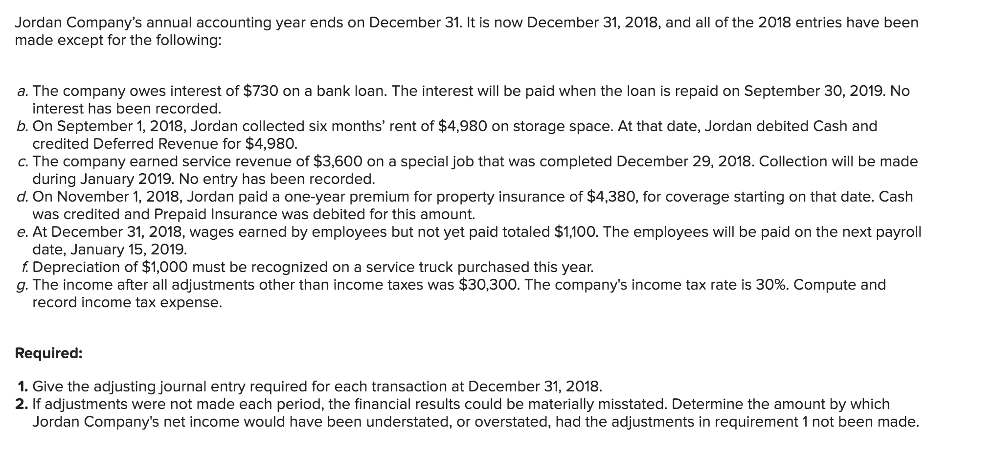 Jordan Company's annual accounting year ends on December 31. It is now December 31, 2018, and all of the 2018 entries have been
made except for the following:
a. The company owes interest of $730 on a bank loan. The interest will be paid when the loan is repaid on September 30, 2019. No
interest has been recorded.
b. On September 1, 2018, Jordan collected six months' rent of $4,980 on storage space. At that date, Jordan debited Cash and
credited Deferred Revenue for $4,980.
c. The company earned service revenue of $3,600 on a special job that was completed December 29, 2018. Collection will be made
during January 2019. No entry has been recorded.
d. On November 1, 2018, Jordan paid a one-year premium for property insurance of $4,380, for coverage starting on that date. Cash
was credited and Prepaid Insurance was debited for this amount.
e. At December 31, 2018, wages earned by employees but not yet paid totaled $1,100. The employees will be paid on the next payroll
date, January 15, 2019.
f. Depreciation of $1,000 must be recognized on a service truck purchased this year.
g. The income after all adjustments other than income taxes was $30,300. The company's income tax rate is 30%. Compute and
record income tax expense.
Required:
1. Give the adjusting journal entry required for each transaction at December 31, 2018.
2. If adjustments were not made each period, the financial results could be materially misstated. Determine the amount by which
Jordan Company's net income would have been understated, or overstated, had the adjustments in requirement 1 not been made.
