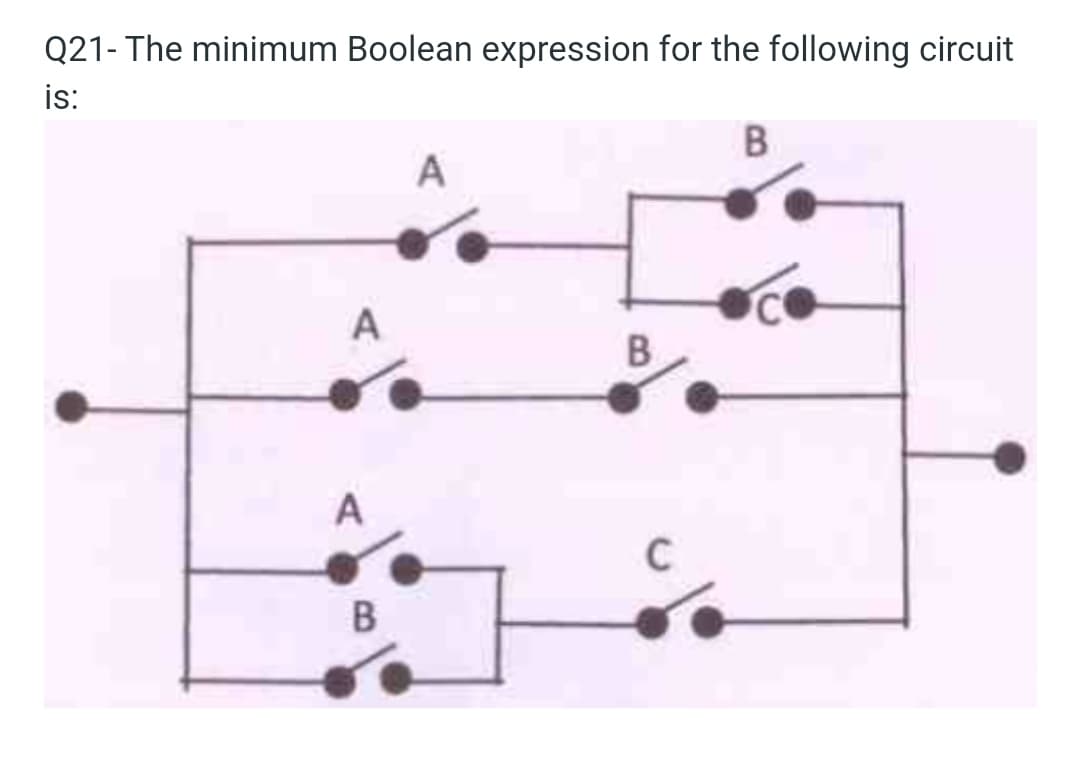 Q21- The minimum Boolean expression for the following circuit
is:
A
A
