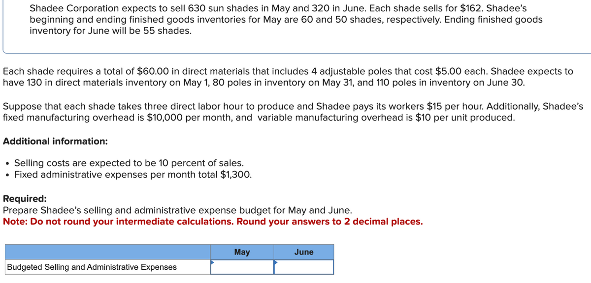 Shadee Corporation expects to sell 630 sun shades in May and 320 in June. Each shade sells for $162. Shadee's
beginning and ending finished goods inventories for May are 60 and 50 shades, respectively. Ending finished goods
inventory for June will be 55 shades.
Each shade requires a total of $60.00 in direct materials that includes 4 adjustable poles that cost $5.00 each. Shadee expects to
have 130 in direct materials inventory on May 1, 80 poles in inventory on May 31, and 110 poles in inventory on June 30.
Suppose that each shade takes three direct labor hour to produce and Shadee pays its workers $15 per hour. Additionally, Shadee's
fixed manufacturing overhead is $10,000 per month, and variable manufacturing overhead is $10 per unit produced.
Additional information:
Selling costs are expected to be 10 percent of sales.
Fixed administrative expenses per month total $1,300.
Required:
Prepare Shadee's selling and administrative expense budget for May and June.
Note: Do not round your intermediate calculations. Round your answers to 2 decimal places.
Budgeted Selling and Administrative Expenses
May
June