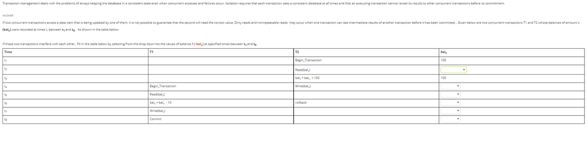 Transaction management deals with the problems of always keeping the database in a consistent state even when concurrent accesses and failures occur. Isolation requires that each transaction sees a consistent database at all times and that an executing transaction cannot reveal its results to other concurrent transactions before its commitment.
ANSWER
If two concurrent transactions access a data item that is being updated by one of them, it is not possible to guarantee that the second will read the correct value. Dirty reads and nonrepeatable reads may occur when one transaction can see intermediate results of another transaction before it has been committed.. Given below are two concurrent transactions T1 and T2 whose balances of amount x
(balx) were recorded at times t, between t₁ and tg. As shown in the table below:
If these two transactions interfere with each other, fill in the table below by selecting from the drop down list the values of balance X (bal,) at specified times between t₁ and tg.
Time
T1
[₁
t₂
t3
t4
t5
t6
t7
tg
Begin_Transaction
Read(baly)
baly = baly - 10
Write(baly)
Commit
T2
Begin_Transaction
Read(bal.)
bal, = balx + 100
Write(bal.)
rollback
balx
100
100