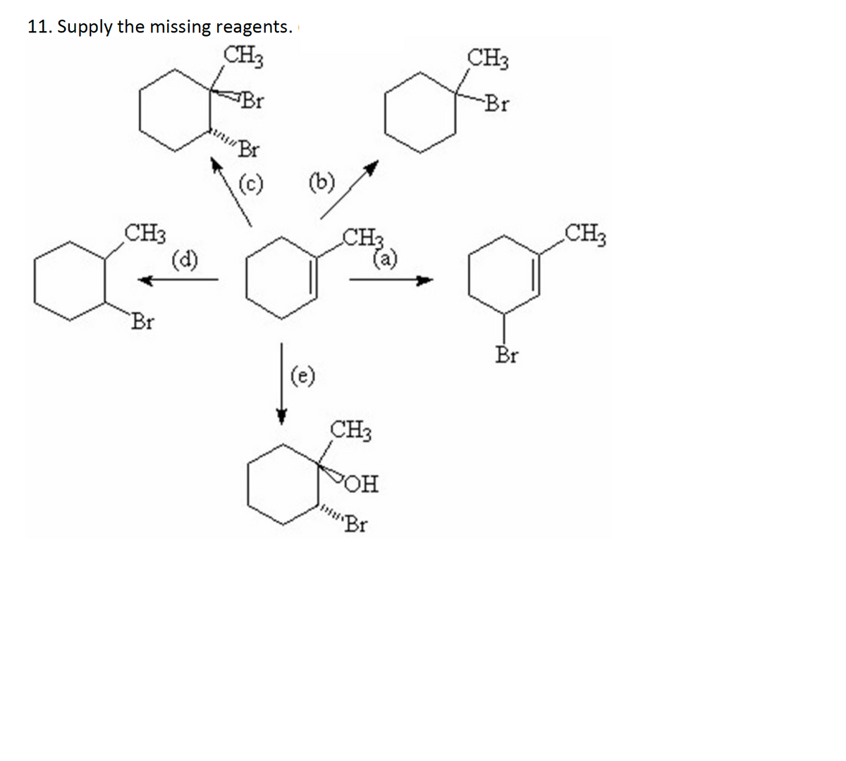 11. Supply the missing reagents.
CH3
CH3
Br
-Br
Br
(c)
(b)
CH3
CH3
(d)
CH3
(a)
`Br
Br
(e)
CH3
POH
Br
