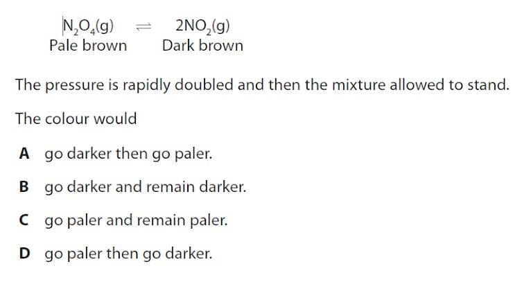 N,0,(g)
2NO,(g)
Dark brown
Pale brown
The pressure is rapidly doubled and then the mixture allowed to stand.
The colour would
A go darker then go paler.
B go darker and remain darker.
C go paler and remain paler.
go paler then go darker.
