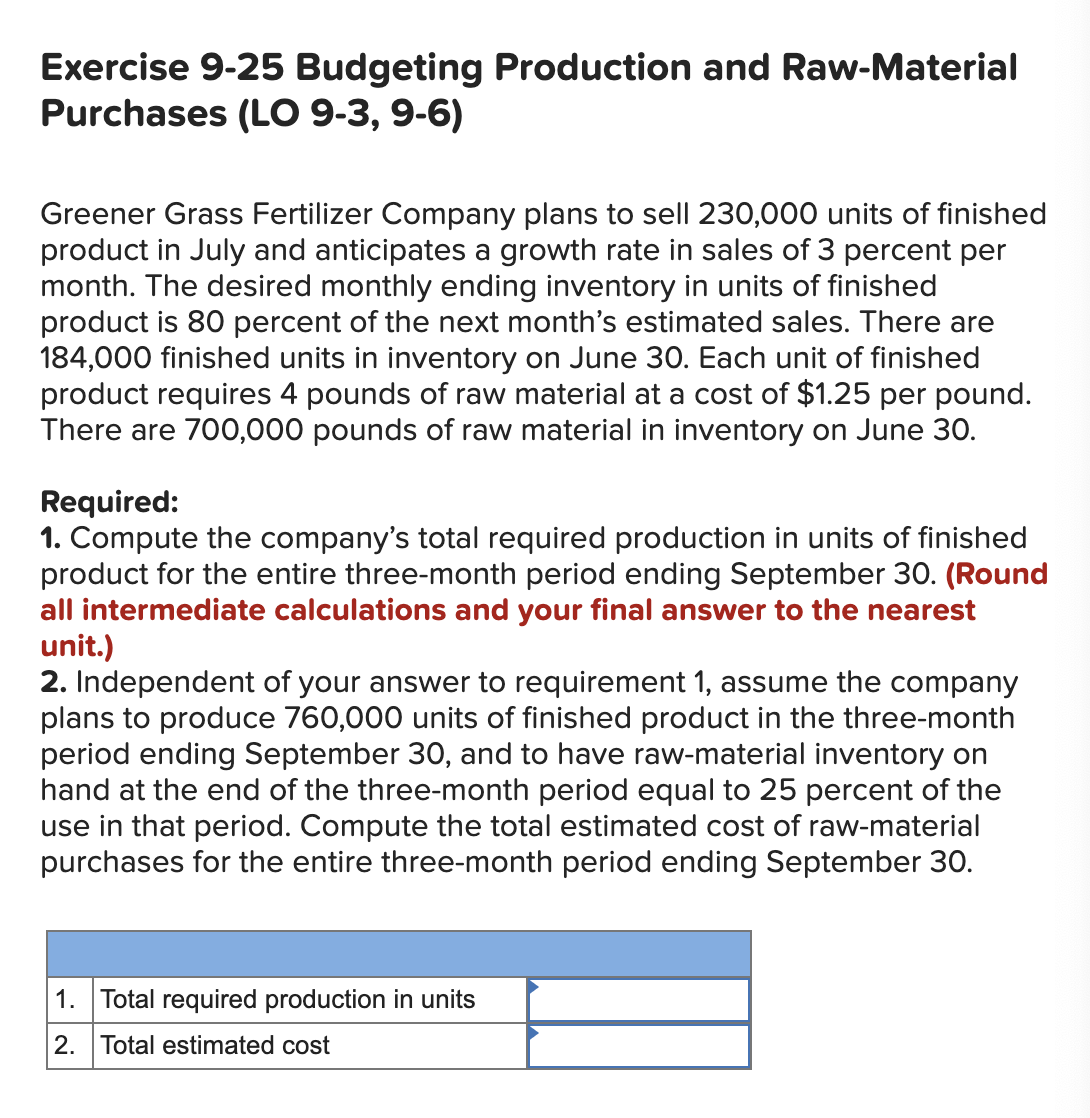 Exercise 9-25 Budgeting Production and Raw-Material
Purchases (LO 9-3, 9-6)
Greener Grass Fertilizer Company plans to sell 230,000 units of finished
product in July and anticipates a growth rate in sales of 3 percent per
month. The desired monthly ending inventory in units of finished
product is 80 percent of the next month's estimated sales. There are
184,000 finished units in inventory on June 30. Each unit of finished
product requires 4 pounds of raw material at a cost of $1.25 per pound.
There are 700,000 pounds of raw material in inventory on June 30.
Required:
1. Compute the company's total required production in units of finished
product for the entire three-month period ending September 30. (Round
all intermediate calculations and your final answer to the nearest
unit.)
2. Independent of your answer to requirement 1, assume the company
plans to produce 760,000 units of finished product in the three-month
period ending September 30, and to have raw-material inventory on
hand at the end of the three-month period equal to 25 percent of the
use in that period. Compute the total estimated cost of raw-material
purchases for the entire three-month period ending September 30.
1. Total required production in units
2. Total estimated cost
