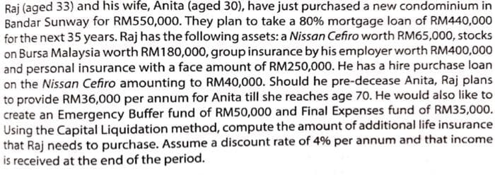 Raj (aged 33) and his wife, Anita (aged 30), have just purchased a new condominium in
Bandar Sunway for RM550,000. They plan to take a 80% mortgage loan of RM440,000
for the next 35 years. Raj has the following assets: a Nissan Cefiro worth RM65,000, stocks
on Bursa Malaysia worth RM180,000, group insurance by his employer worth RM400,000
and personal insurance with a face amount of RM250,000. He has a hire purchase loan
on the Nissan Cefiro amounting to RM40,000. Should he pre-decease Anita, Raj plans
to provide RM36,000 per annum for Anita till she reaches age 70. He would also like to
create an Emergency Buffer fund of RM50,000 and Final Expenses fund of RM35,000.
Using the Capital Liquidation method, compute the amount of additional life insurance
that Raj needs to purchase. Assume a discount rate of 4% per annum and that income
is received at the end of the period.
