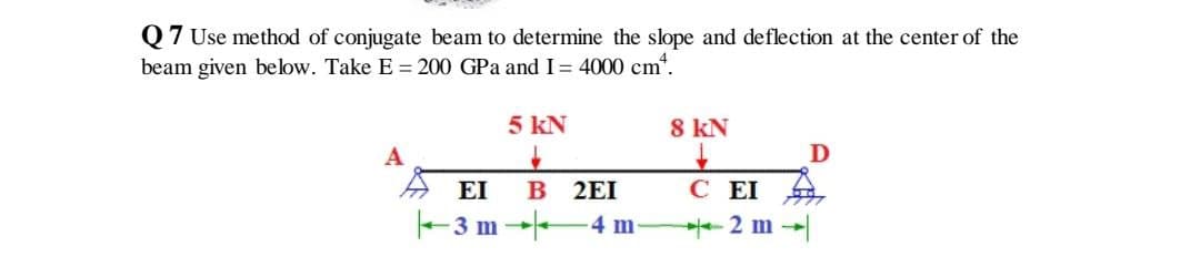 Q7 Use method of conjugate beam to determine the slope and deflection at the center of the
beam given below. Take E = 200 GPa and I= 4000 cm*.
5 kN
8 kN
A
EI
B 2EI
C EI
-3 m --
4 m
t2 m -
