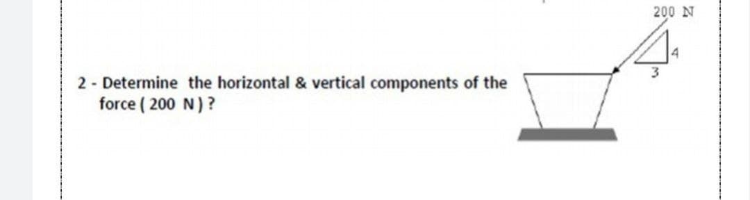 200 N
3
2 - Determine the horizontal & vertical components of the
force ( 200 N)?
