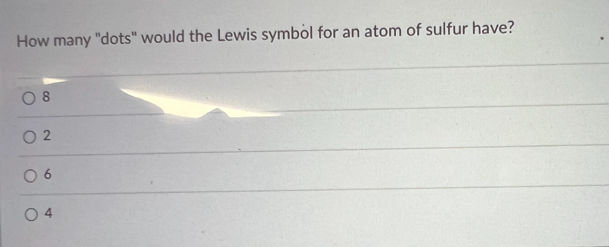 How many "dots" would the Lewis symbol for an atom of sulfur have?
08
02
06
04