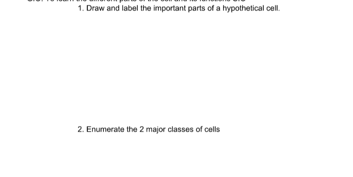 1. Draw and label the important parts of a hypothetical cell.
2. Enumerate the 2 major classes of cells