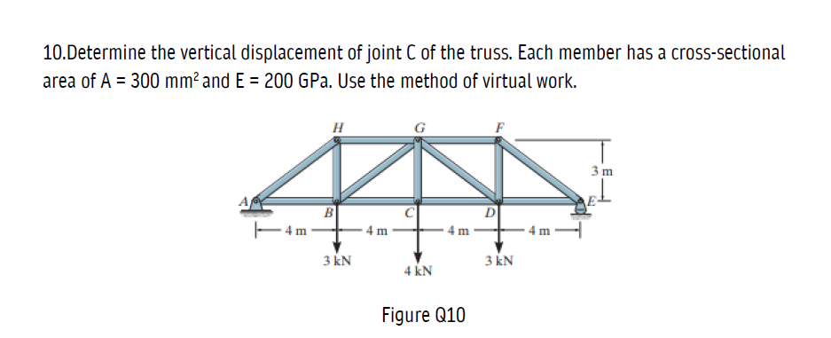 10.Determine the vertical displacement of joint C of the truss. Each member has a cross-sectional
area of A = 300 mm² and E = 200 GPa. Use the method of virtual work.
H
3 m
B
E 4 m
D
- 4 m
4 m
4 m
3 kN
3 kN
4 kN
Figure Q10
