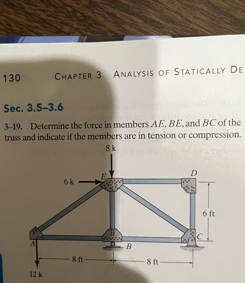 130
CHAPTER 3 ANALYSIS OF STATICALLY DE
Sec. 3.5-3.6
3-19. Determine the force in members AE, BE, and BC of the
truss and indicate if the members are in tension or compression.
8 k
12 k
6 k
8 ft-
E
09
00
OD
00000
B
8 ft
D
%
OC
6 ft
C