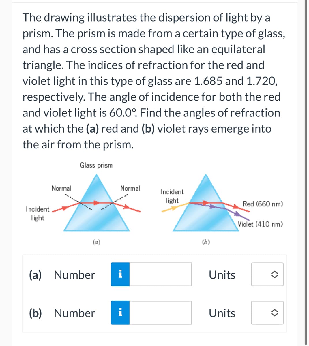 The drawing illustrates the dispersion of light by a
prism. The prism is made from a certain type of glass,
and has a cross section shaped like an equilateral
triangle. The indices of refraction for the red and
violet light in this type of glass are 1.685 and 1.720,
respectively. The angle of incidence for both the red
and violet light is 60.0°. Find the angles of refraction
at which the (a) red and (b) violet rays emerge into
the air from the prism.
Incident
light
Normal
Glass prism
Normal
(a) Number i
(b) Number i
Incident
light
(b)
Units
Units
Red (660 nm)
Violet (410 nm)