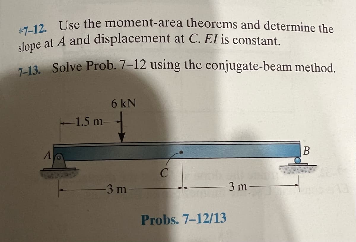 *7-12. Use the moment-area theorems and determine the
slope at A and displacement at C. EI is constant.
7-13. Solve Prob. 7-12 using the conjugate-beam method.
A
-1.5 m-
6 kN
1
-3 m-
C
stroll
-3 m
Probs. 7-12/13
B