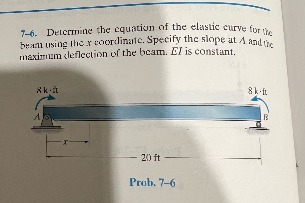 7-6. Determine the equation of the elastic curve for the
beam using the x coordinate. Specify the slope at A and the
maximum deflection of the beam. El is constant.
8 k ft
A
-X-
20 ft
Prob. 7-6
8 k-ft
B