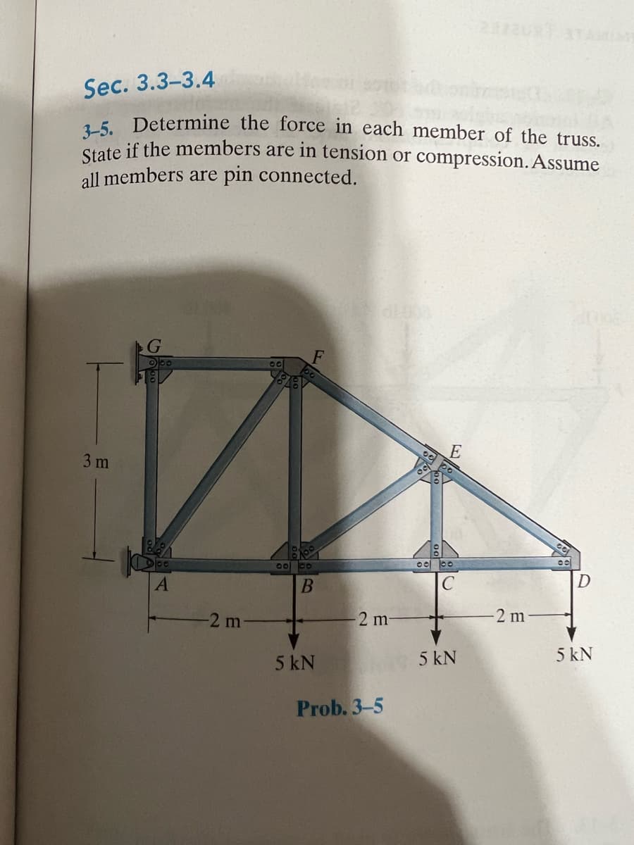 Sec. 3.3-3.4
3-5. Determine the force in each member of the truss.
State if the members are in tension or compression. Assume
all members are pin connected.
3 m
A
m
00 co
B
5 kN
2 m-
Prob. 3-5
E
00 00
2322097
5 kN
-2 m
5 kN
