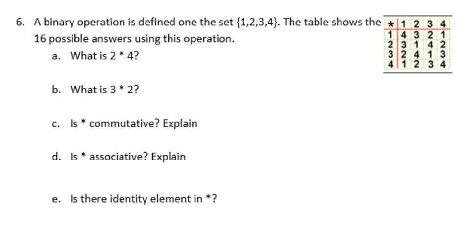 6. A binary operation is defined one the set {1,2,3,4}. The table shows the *1 2 3 4
14 321
2 3 14 2
32 4 13
412 3 4
16 possible answers using this operation.
a. What is 2 * 4?
b. What is 3 * 2?
c. Is * commutative? Explain
d. Is * associative? Explain
e. Is there identity element in *?
