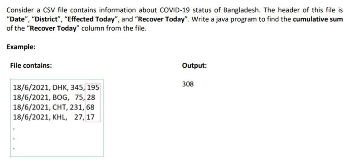 Consider a CSV file contains information about COVID-19 status of Bangladesh. The header of this file is
"Date", "District", "Effected Today", and "Recover Today". Write a java program to find the cumulative sum
of the "Recover Today" column from the file.
Example:
File contains:
Output:
308
18/6/2021, DHK, 345, 195
18/6/2021, BOG, 75, 28
18/6/2021, CHT, 231, 68
18/6/2021, KHL, 27, 17