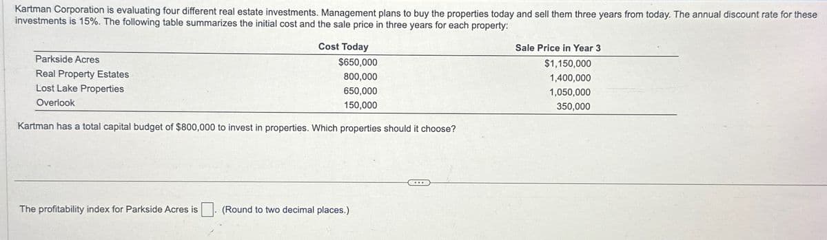 Kartman Corporation is evaluating four different real estate investments. Management plans to buy the properties today and sell them three years from today. The annual discount rate for these
investments is 15%. The following table summarizes the initial cost and the sale price in three years for each property:
Cost Today
Parkside Acres
Real Property Estates
Lost Lake Properties
Overlook
$650,000
800,000
650,000
150,000
Kartman has a total capital budget of $800,000 to invest in properties. Which properties should it choose?
The profitability index for Parkside Acres is ☐ (Round to two decimal places.)
Sale Price in Year 3
$1,150,000
1,400,000
1,050,000
350,000