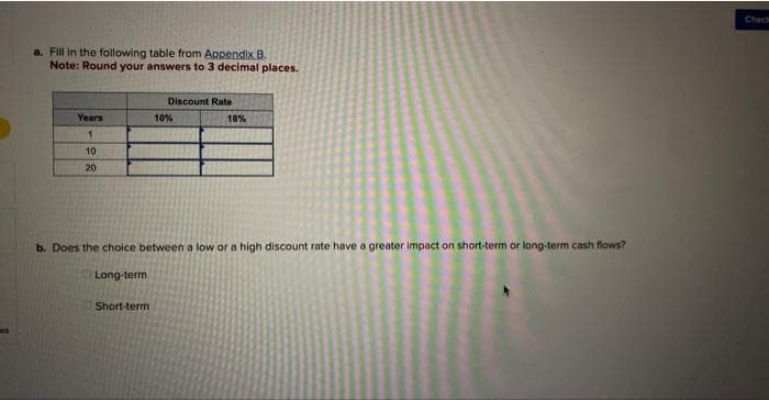 ers
a. Fill in the following table from Appendix B.
Note: Round your answers to 3 decimal places.
Years
1
10
20
-
Discount Rate
10%
18%
b. Does the choice between a low or a high discount rate have a greater impact on short-term or long-term cash flows?
Long-term
Short-term
Check