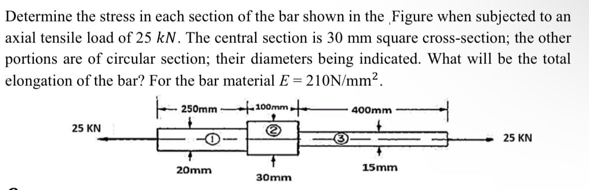 Determine the stress in each section of the bar shown in the Figure when subjected to an
axial tensile load of 25 kN. The central section is 30 mm square cross-section; the other
portions are of circular section; their diameters being indicated. What will be the total
elongation of the bar? For the bar material E= 210N/mm².
250mm-
100mm
400mm
25 KN
2
25 KN
30mm
20mm
15mm