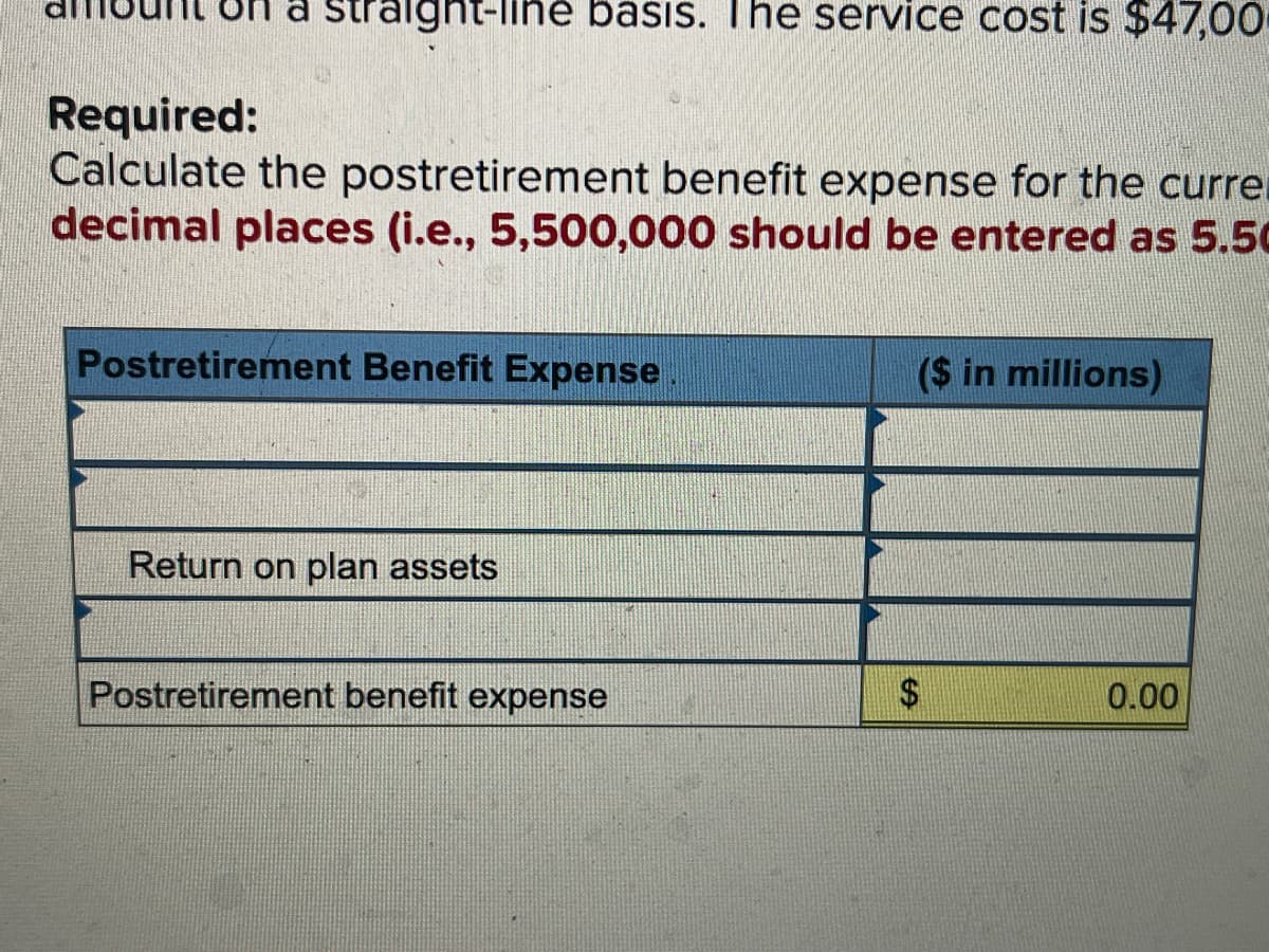 Ight-liné basis. The service cost is $47,00
Required:
Calculate the postretirement benefit expense for the currer
decimal places (i.e., 5,500,000 should be entered as 5.50
Postretirement Benefit Expense
($ in millions)
Return on plan assets
Postretirement benefit expense
0.00
%24
