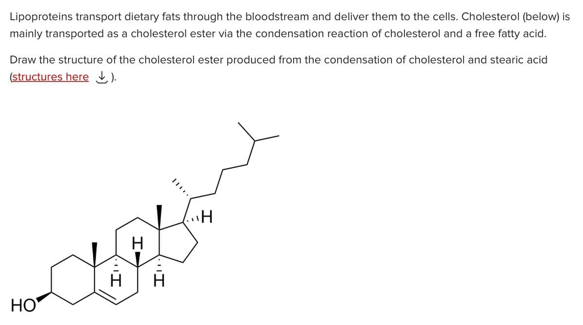 Lipoproteins transport dietary fats through the bloodstream and deliver them to the cells. Cholesterol (below) is
mainly transported as a cholesterol ester via the condensation reaction of cholesterol and a free fatty acid.
Draw the structure of the cholesterol ester produced from the condensation of cholesterol and stearic acid
(structures here Ł).
НО
םבי י
