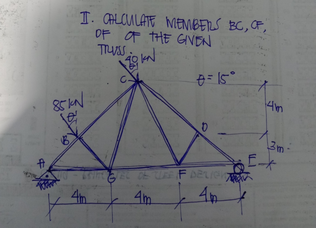 A
I. CALCULATE MEMBERS BC, OF,
OF OF THE GIVEN
TRUSS:
KN
385
85 KN
X
0=15°
The BEC DE LES F DELIGHT
4m
4m
4m
14m
3m-