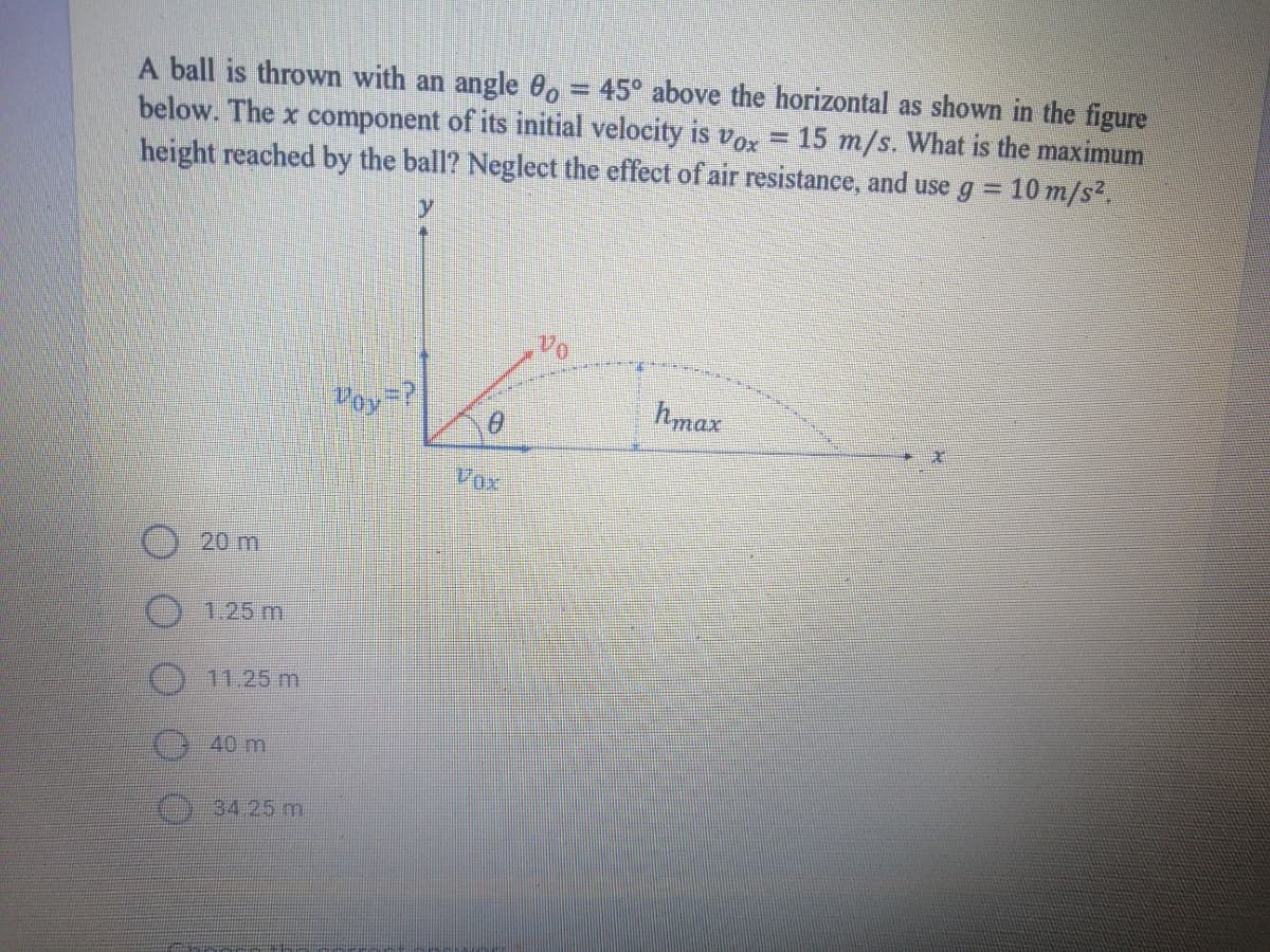 A ball is thrown with an angle 0, = 45° above the horizontal as shown in the figure
below. The x component of its initial velocity is vox = 15 m/s. What is the maximum
height reached by the ball? Neglect the effect of air resistance, and use g = 10 m/s2.
Voy
hmax
20 m
O 1.25 m.
O 11.25 m
40 m
34 25 m
