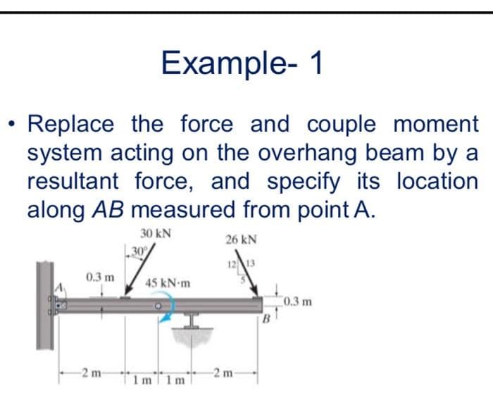 ●
Example-1
Replace the force and couple moment
system acting on the overhang beam by a
resultant force, and specify its location
along AB measured from point A.
0.3 m
-2 m
30 kN
30%
1
45 kN-m
1m
26 kN
12 13
-2 m-
B
0.3 m