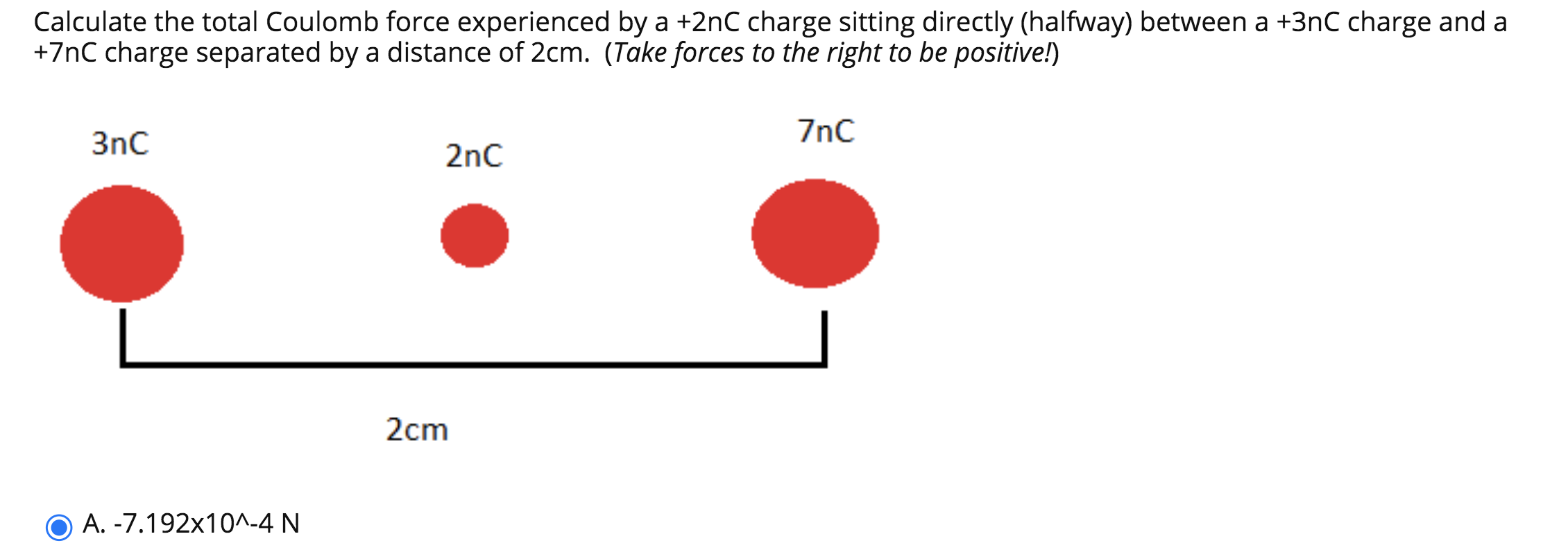 Calculate the total Coulomb force experienced by a +2nC charge sitting directly (halfway) between a +3nC charge and a
+7nC charge separated by a distance of 2cm. (Take forces to the right to be positive!)
