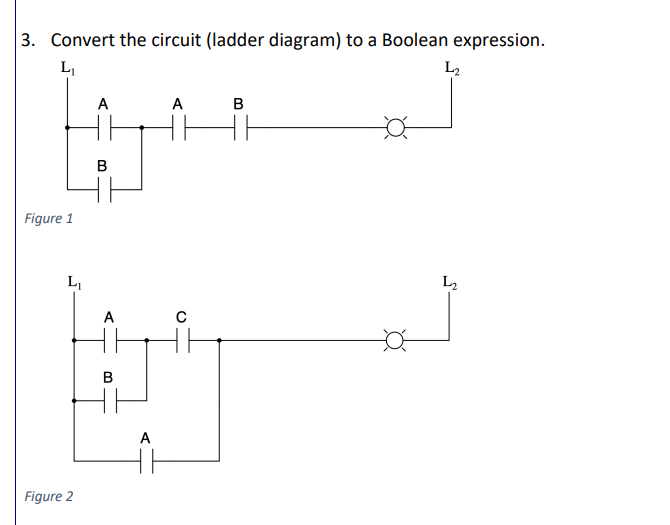 3. Convert the circuit (ladder diagram) to a Boolean expression.
L₁
Figure 1
L₁
Figure 2
A
B
A
B
A
A
с
B
L₂
S
12₂