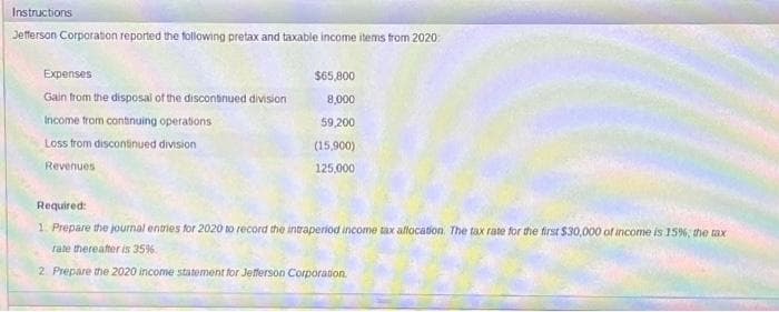 Instructions
Jefferson Corporation reported the following pretax and taxable income items from 2020:
Expenses
Gain from the disposal of the discontinued division
Income from continuing operations
Loss from discontinued division
Revenues
$65,800
8,000
59,200
(15,900)
125,000
Required:
1. Prepare the journal entries for 2020 to record the intraperiod income tax allocation. The tax rate for the first $30,000 of income is 15%, the tax
rate thereafter is 35%
2. Prepare the 2020 income statement for Jefferson Corporation.