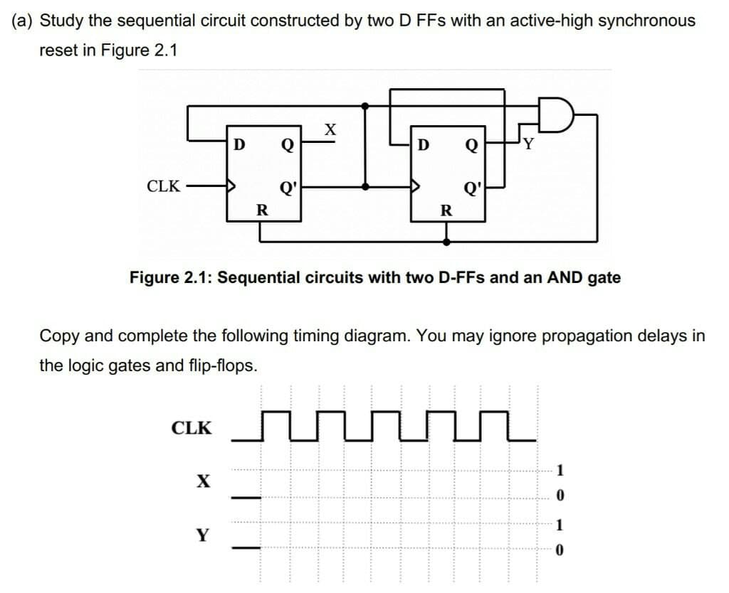 (a) Study the sequential circuit constructed by two D FFs with an active-high synchronous
reset in Figure 2.1
X
D
Q
D
CLK
R
Figure 2.1: Sequential circuits with two D-FFs and an AND gate
Copy and complete the following timing diagram. You may ignore propagation delays in
the logic gates and flip-flops.
CLK
1
