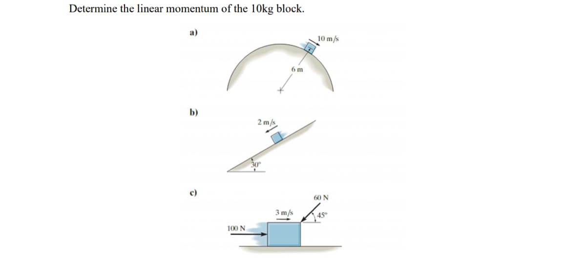 Determine the linear momentum of the 10kg block.
a)
10 m/s
6 m
b)
2 m/s
30
c)
60 N
3 m/s
100 N
